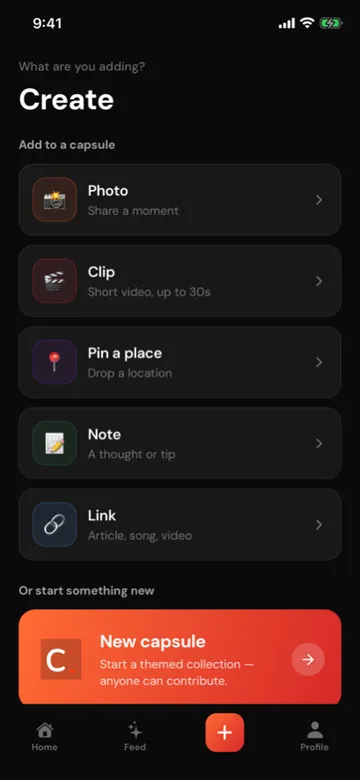 The create screen: photo, clip, place, note, and link options